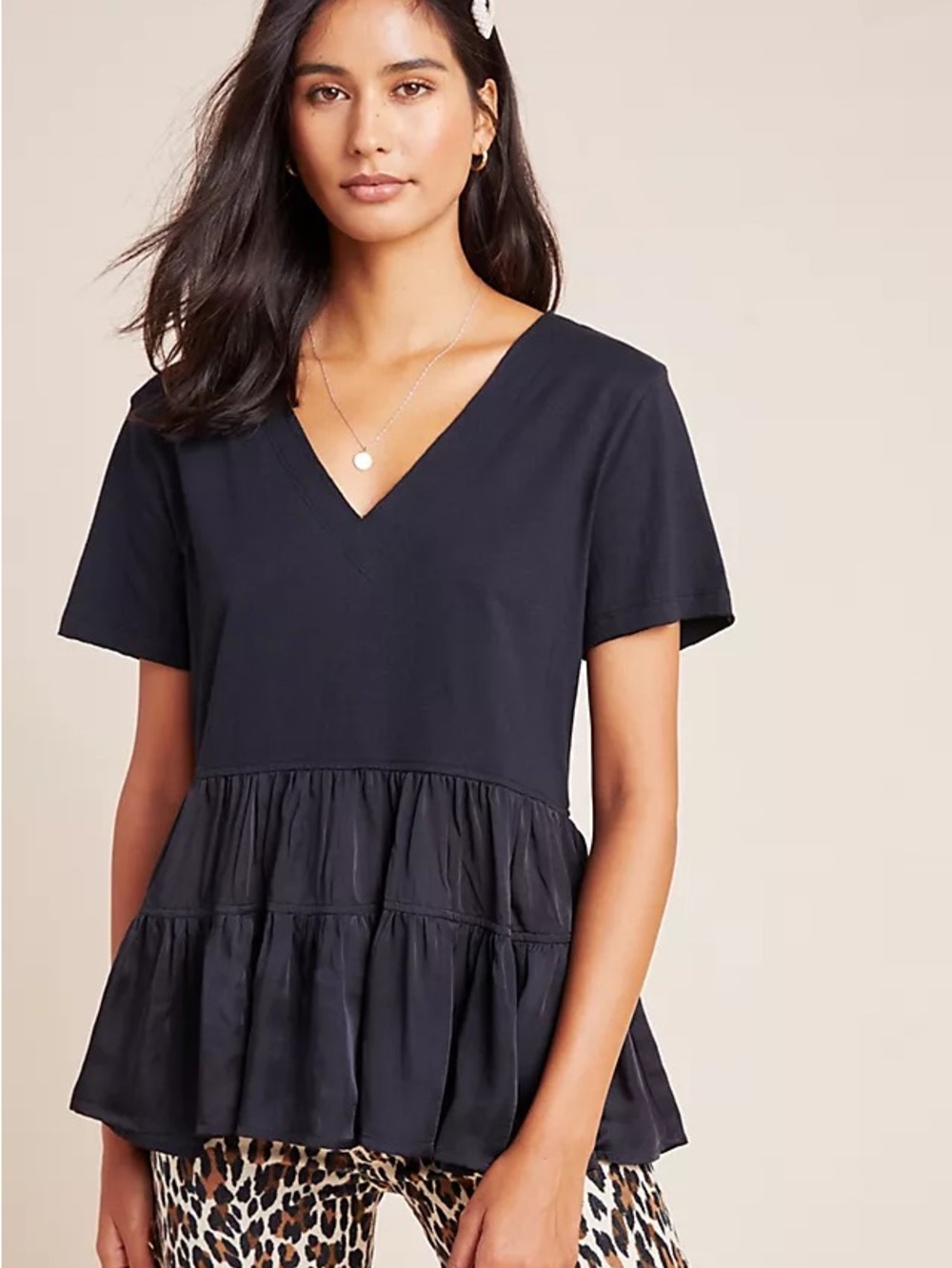 Maeve Louisa Tiered Tee, Navy Blue, Size Medium • Anthropologie Shirts